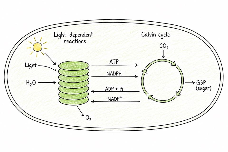 Schemat chloroplastu pokazujący reakcje zależne od światła i cykl Calvina