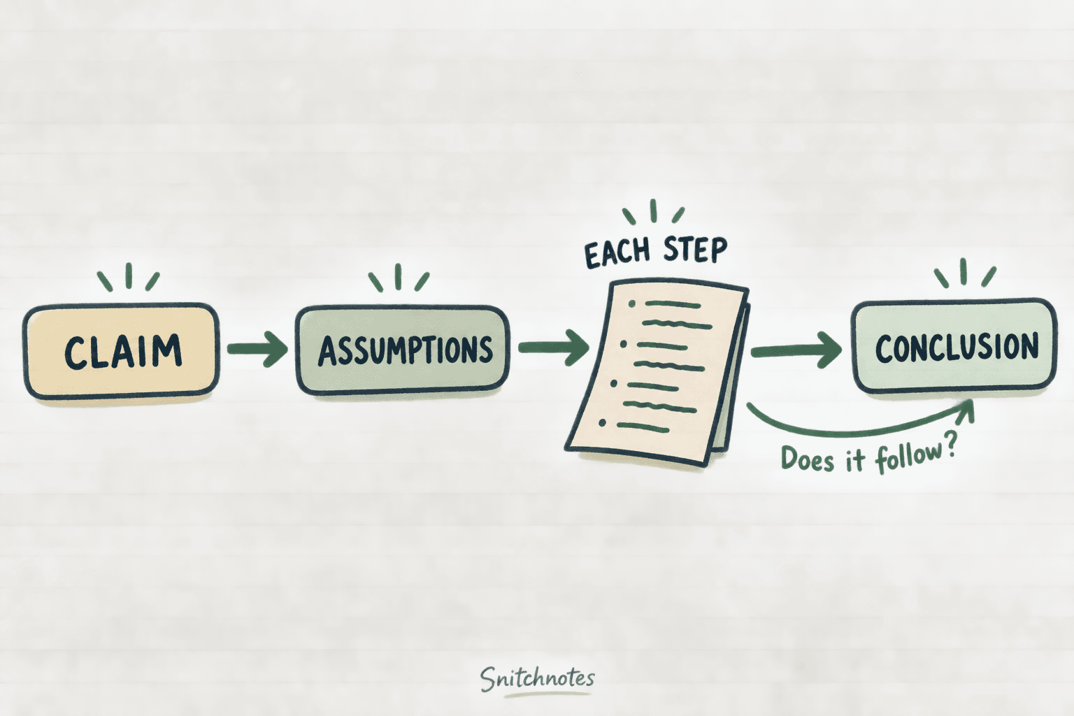 Check the claim, assumptions, each logical step, and conclusion in order; every arrow must be justified.