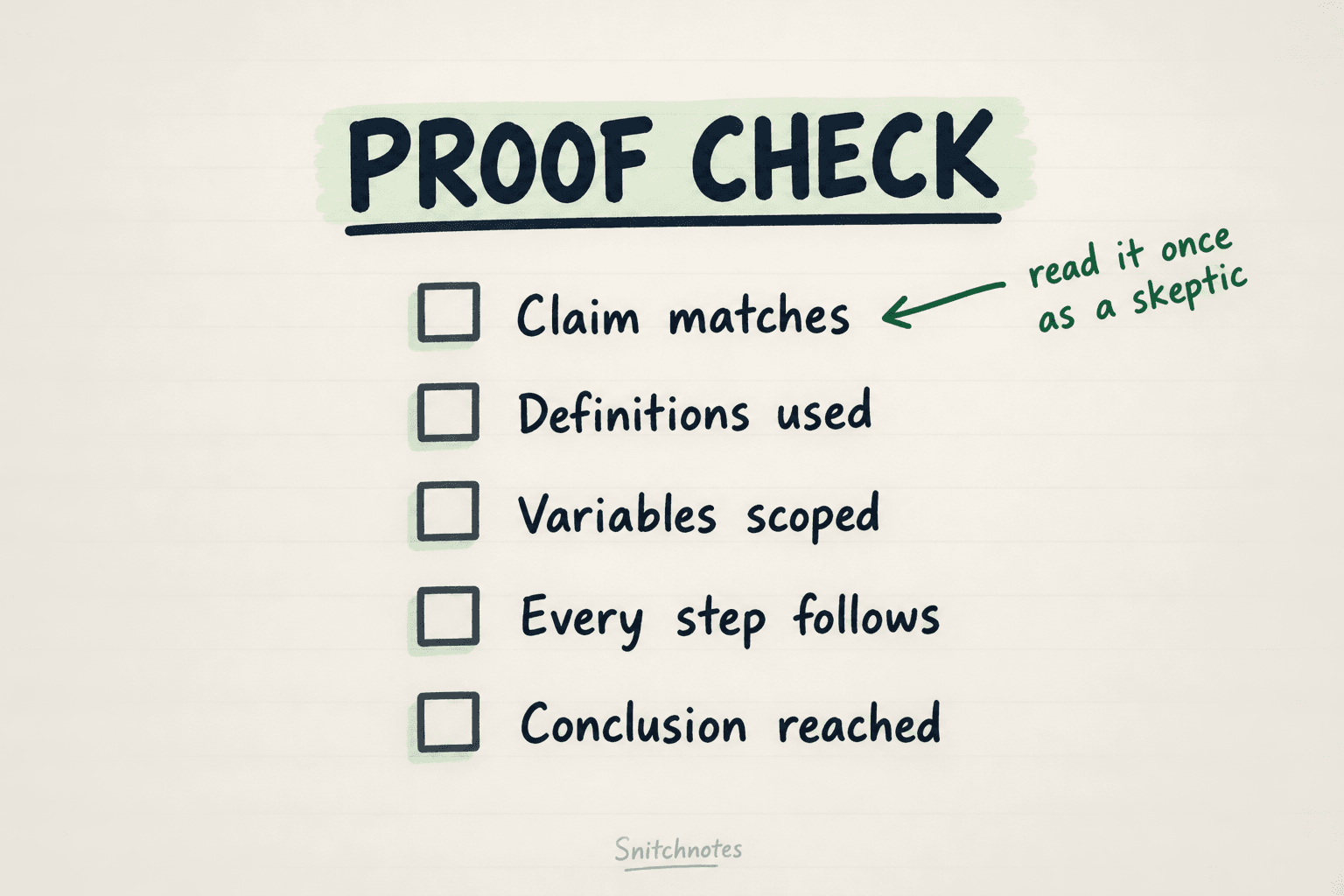 A compact last pass checks the claim, definitions, variable scope, logical links, and final conclusion.