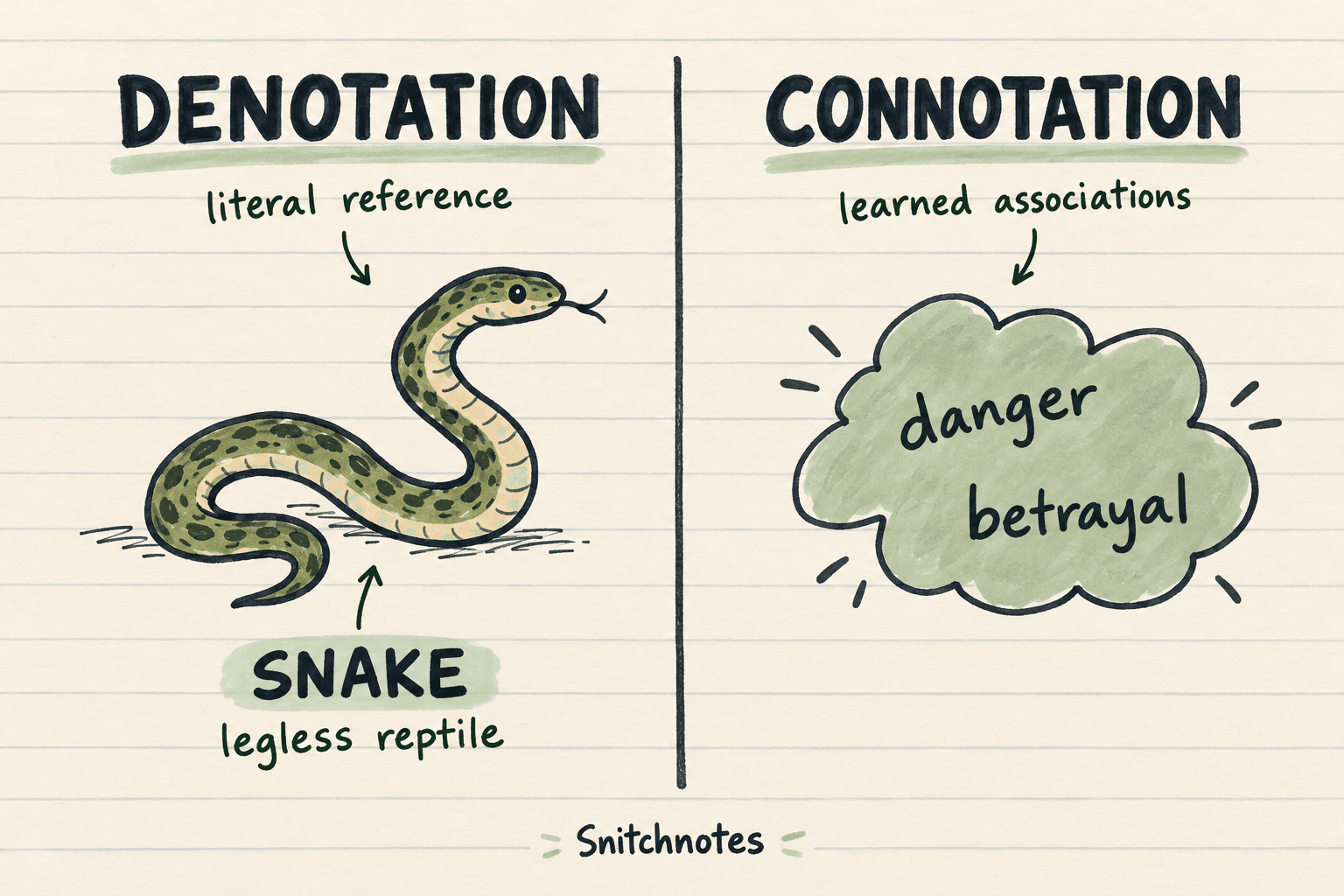 Snake denotes a kind of legless reptile, while danger and betrayal are associations the word can carry in some contexts.