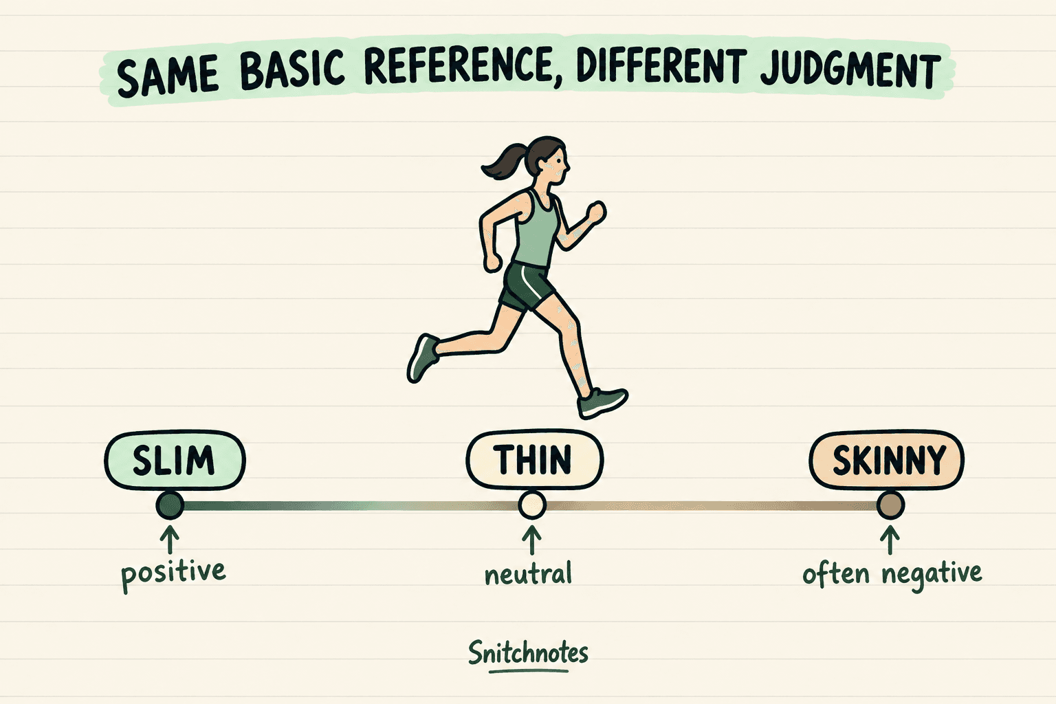 Slim, thin, and skinny can describe a similar build, but their connotations can guide the reader toward different judgments.