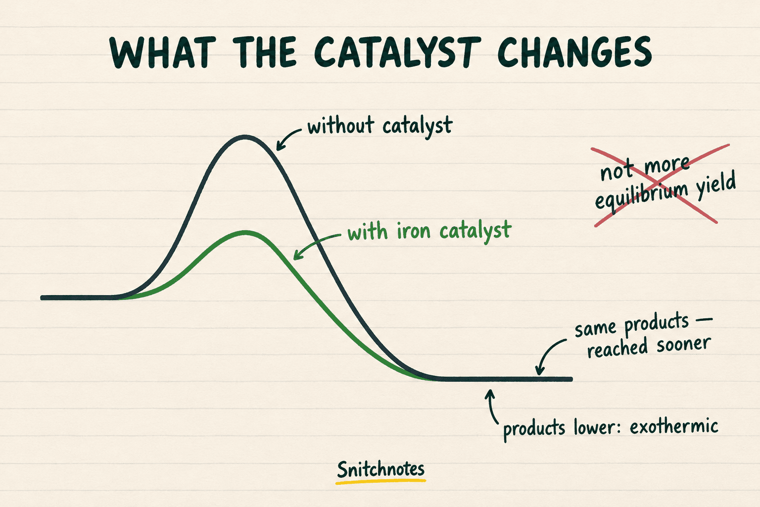 An iron catalyst helps equilibrium arrive sooner but does not move the equilibrium position or increase the equilibrium yield.