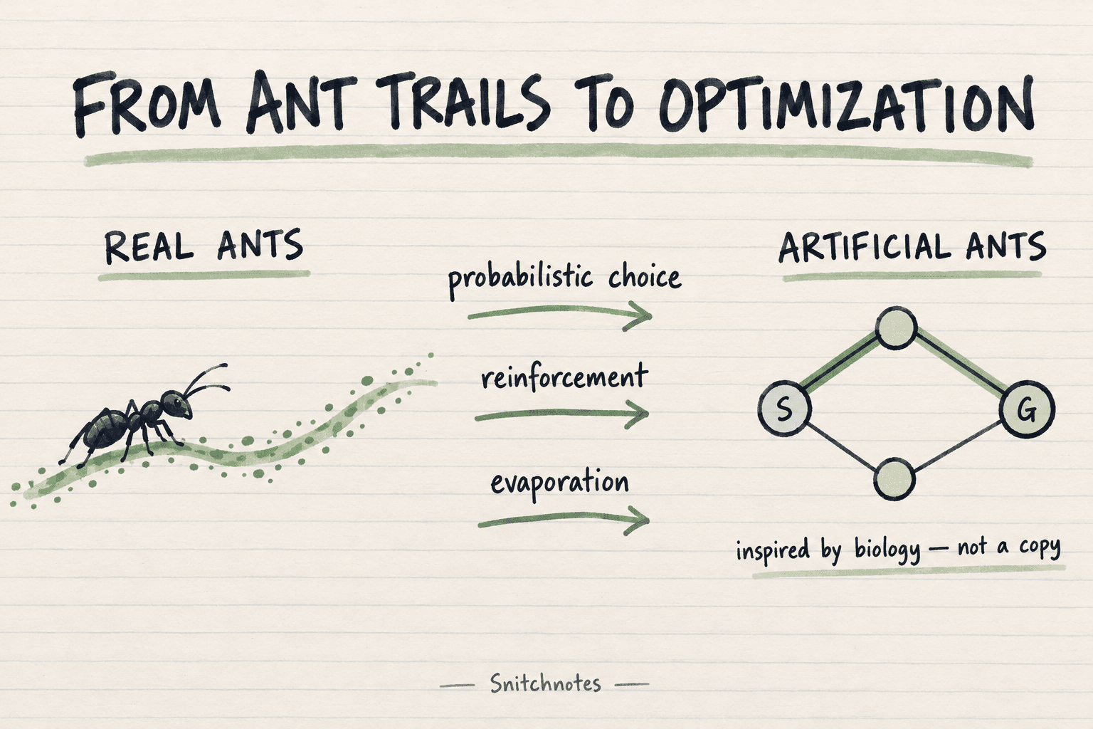 Ant colony optimization borrows abstract ideas from real ants—probabilistic choice, reinforcement, and evaporation—but is a designed algorithm, not a literal colony simulation.