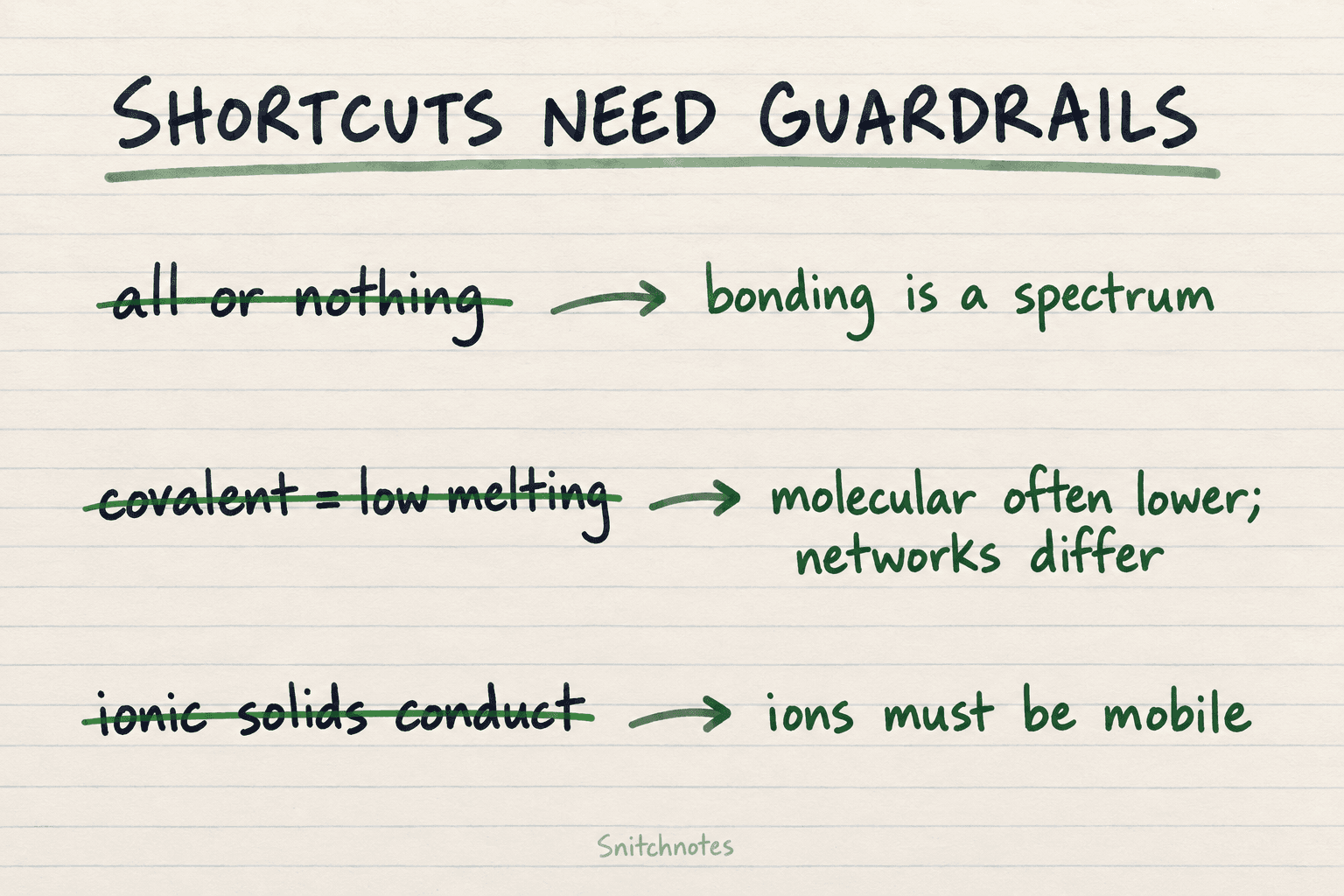 Three common shortcuts need guardrails: bonding is a spectrum, covalent solids are not always low-melting molecules, and ionic compounds can contain covalent bonds.
