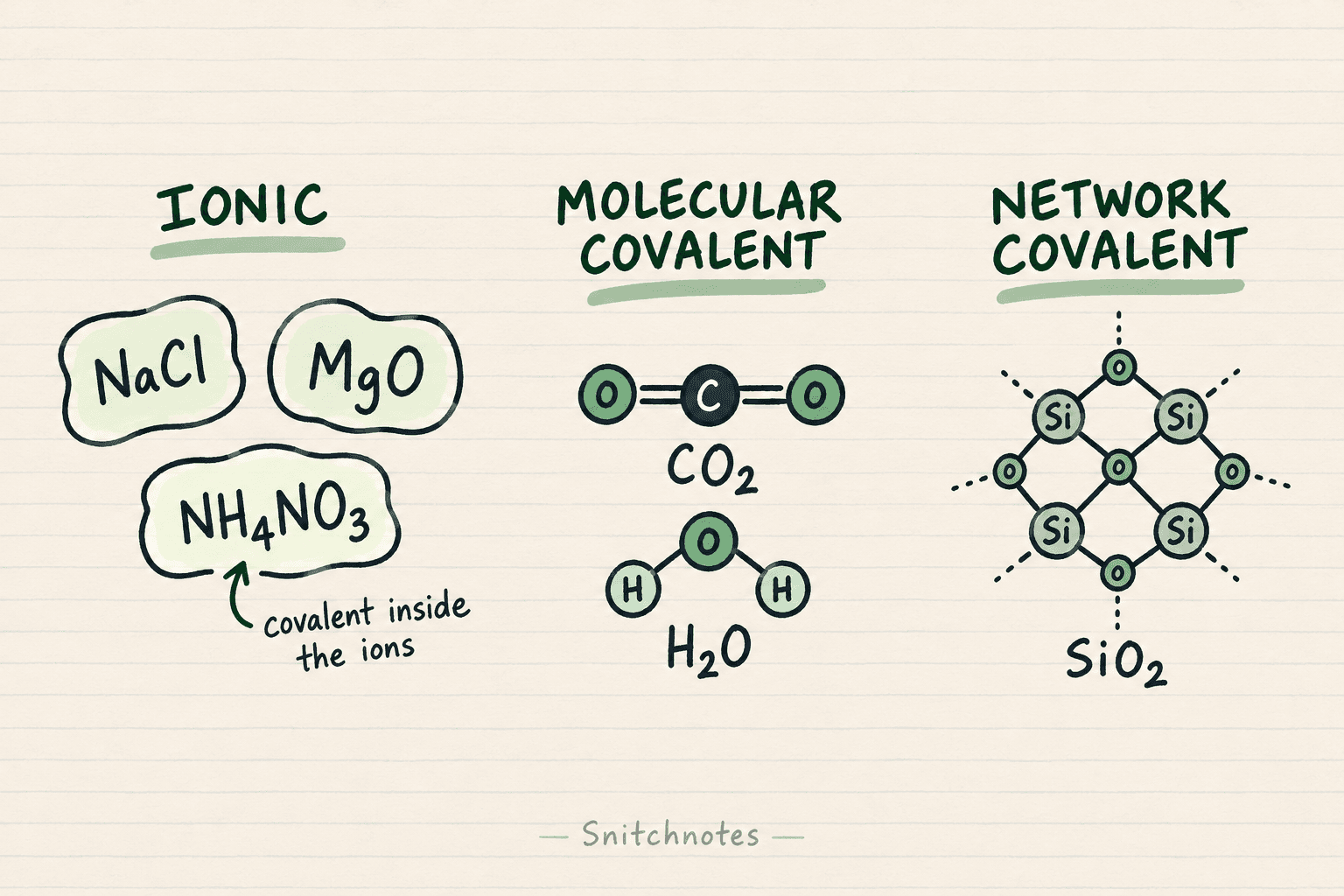Six formula cards show two ionic compounds, two molecular covalent compounds, one network covalent solid, and one ionic compound containing covalent polyatomic ions.