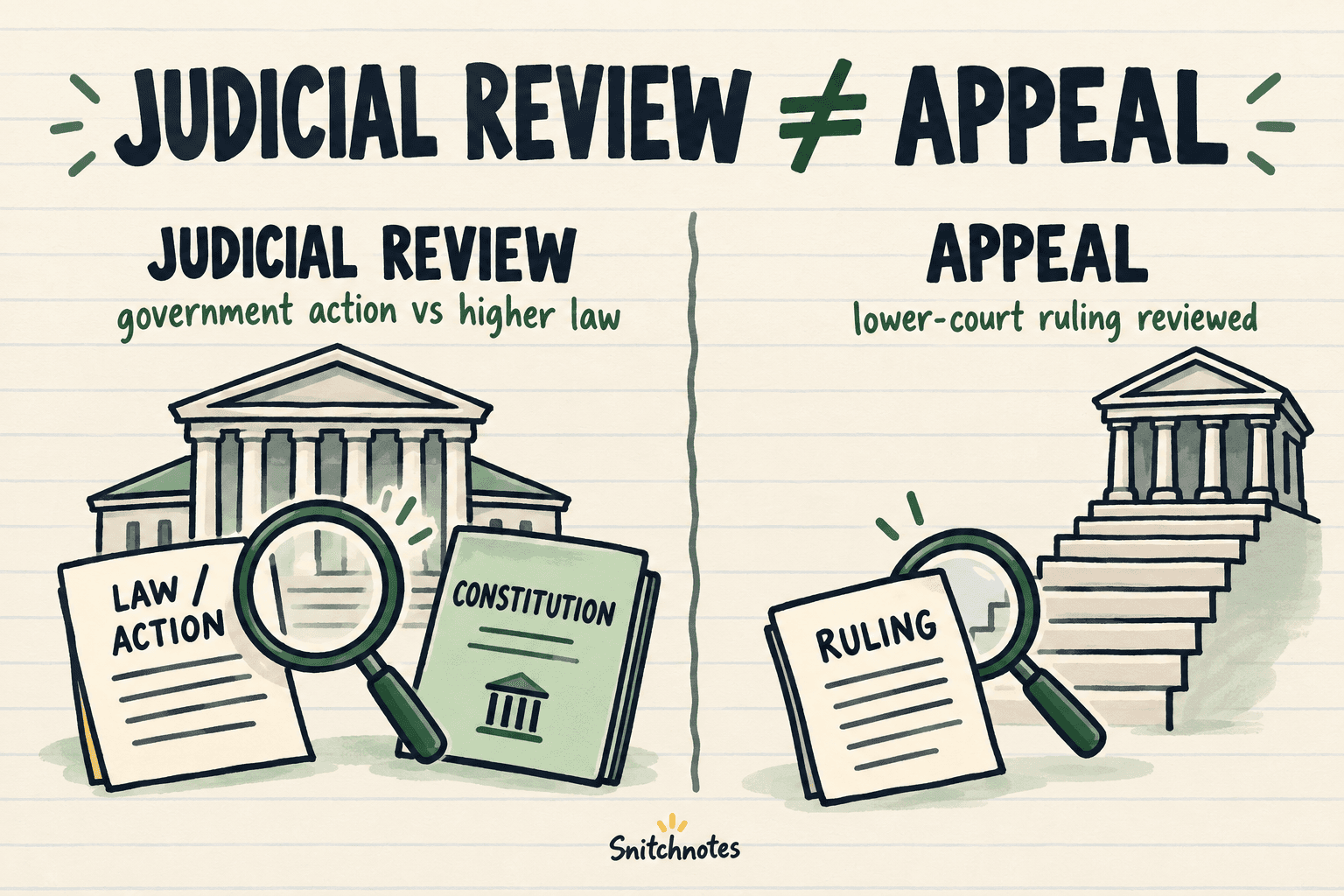 Judicial review concerns the legality of government action, while an appeal asks a higher court to review a lower court's decision; one case can involve both.