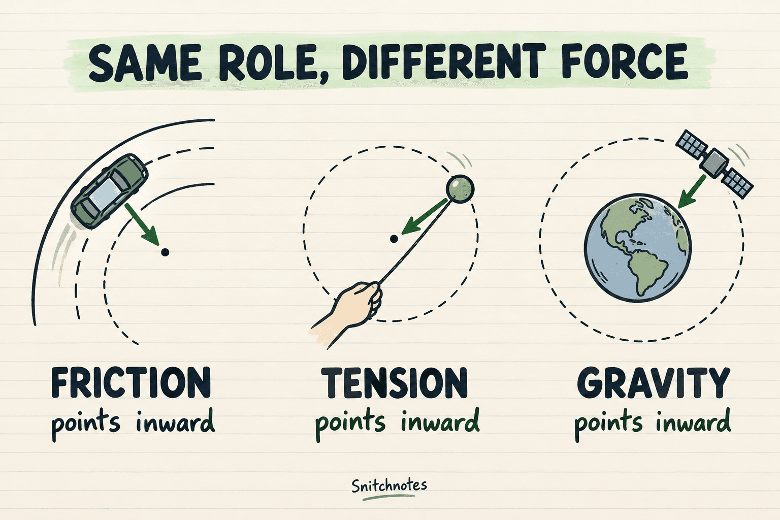Friction, tension, and gravity are different real forces that can each supply the inward net force.