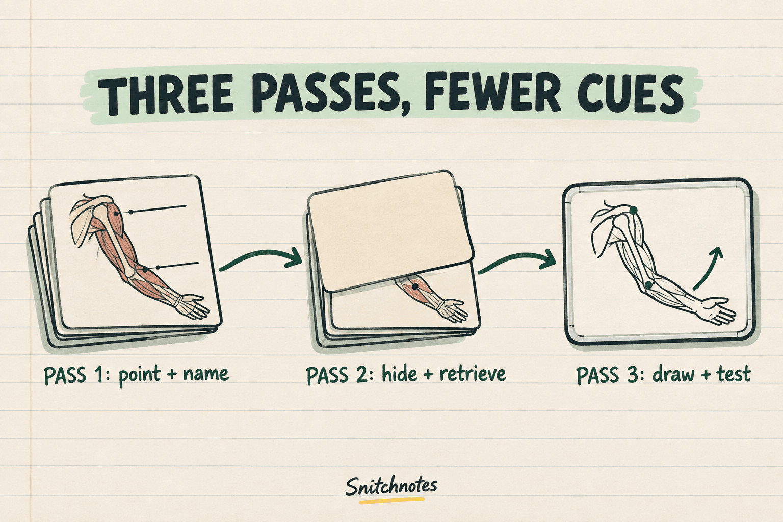 Move from recognition to retrieval by reducing cues on every pass.