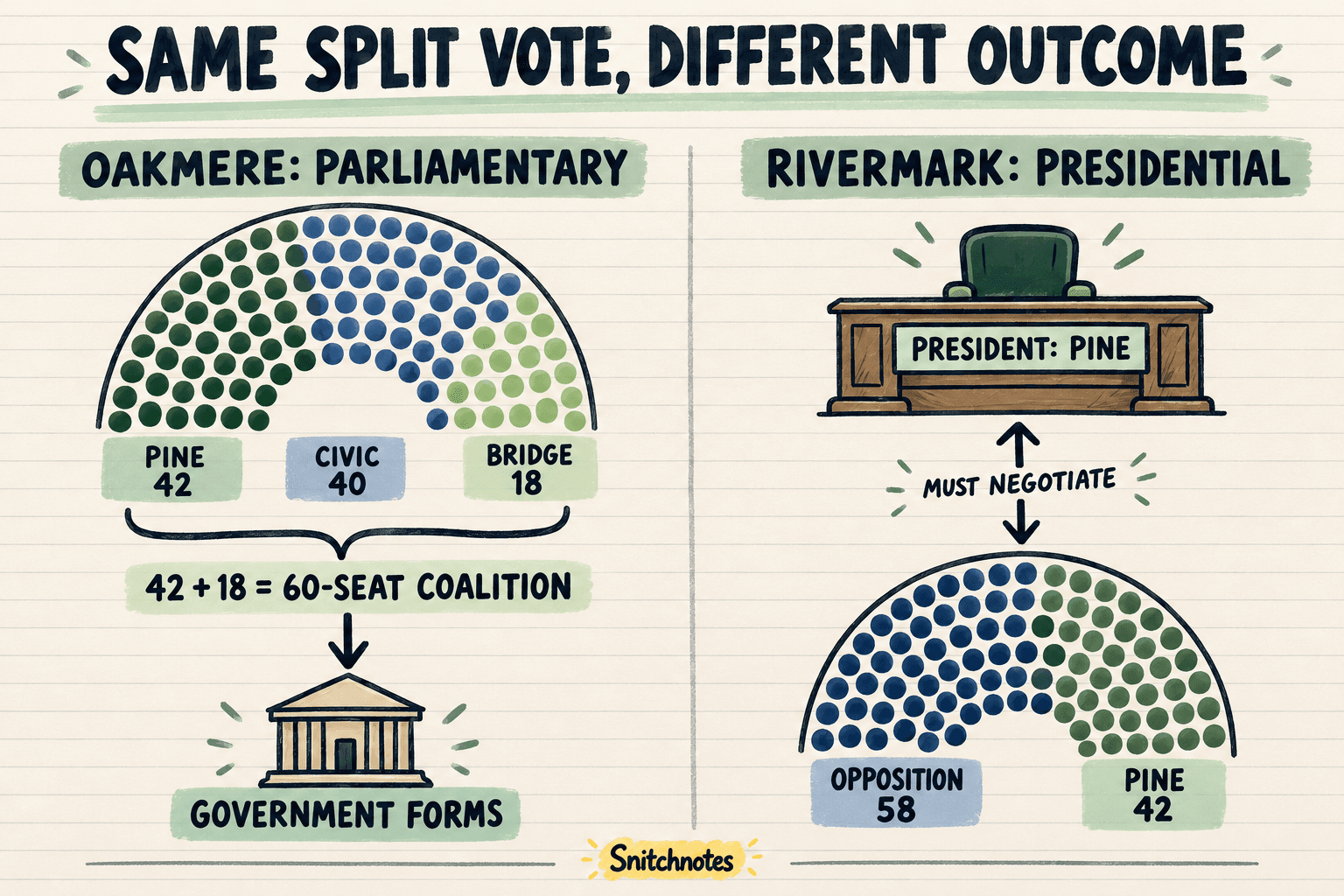 Oakmere forms a 60-seat coalition government; Rivermark keeps its independently elected president, who must negotiate with an opposition-led legislature.