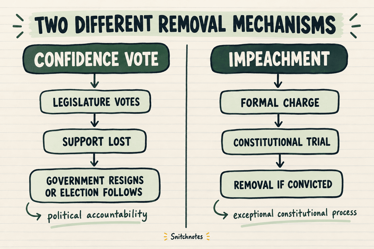 A confidence vote tests political support for a parliamentary government, while impeachment is an exceptional constitutional process for alleged misconduct.