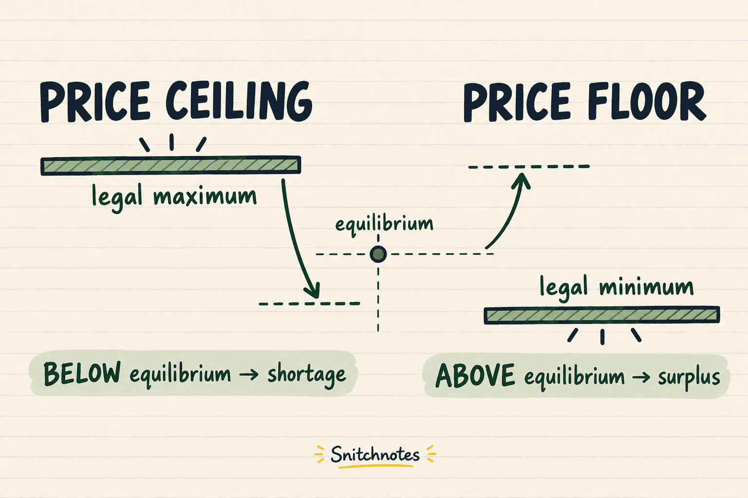 A binding price ceiling sits below equilibrium and creates a shortage; a binding price floor sits above equilibrium and creates a surplus.