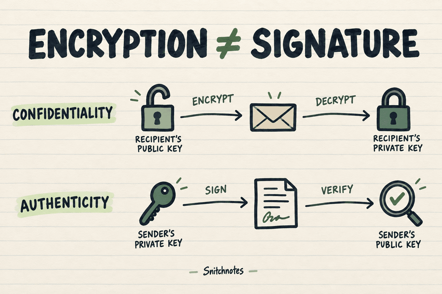 Encryption uses the recipient’s public key for confidentiality; a signature uses the sender’s private key so others can verify authenticity with the public key.