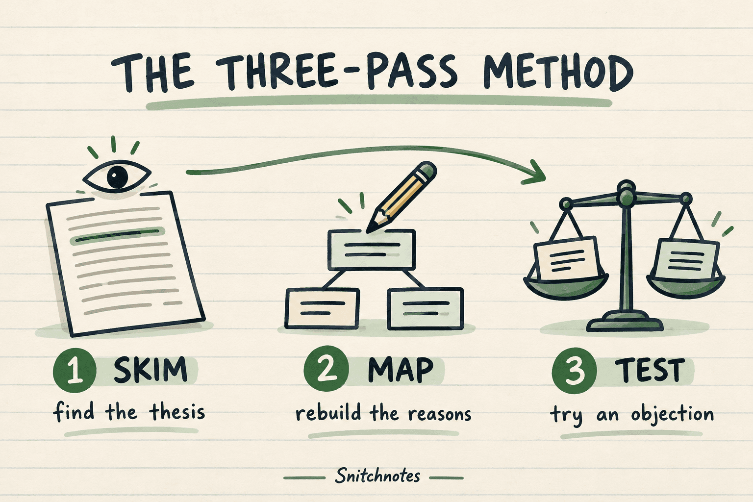 Skim for the thesis, map the reasons, then test the argument with an objection.