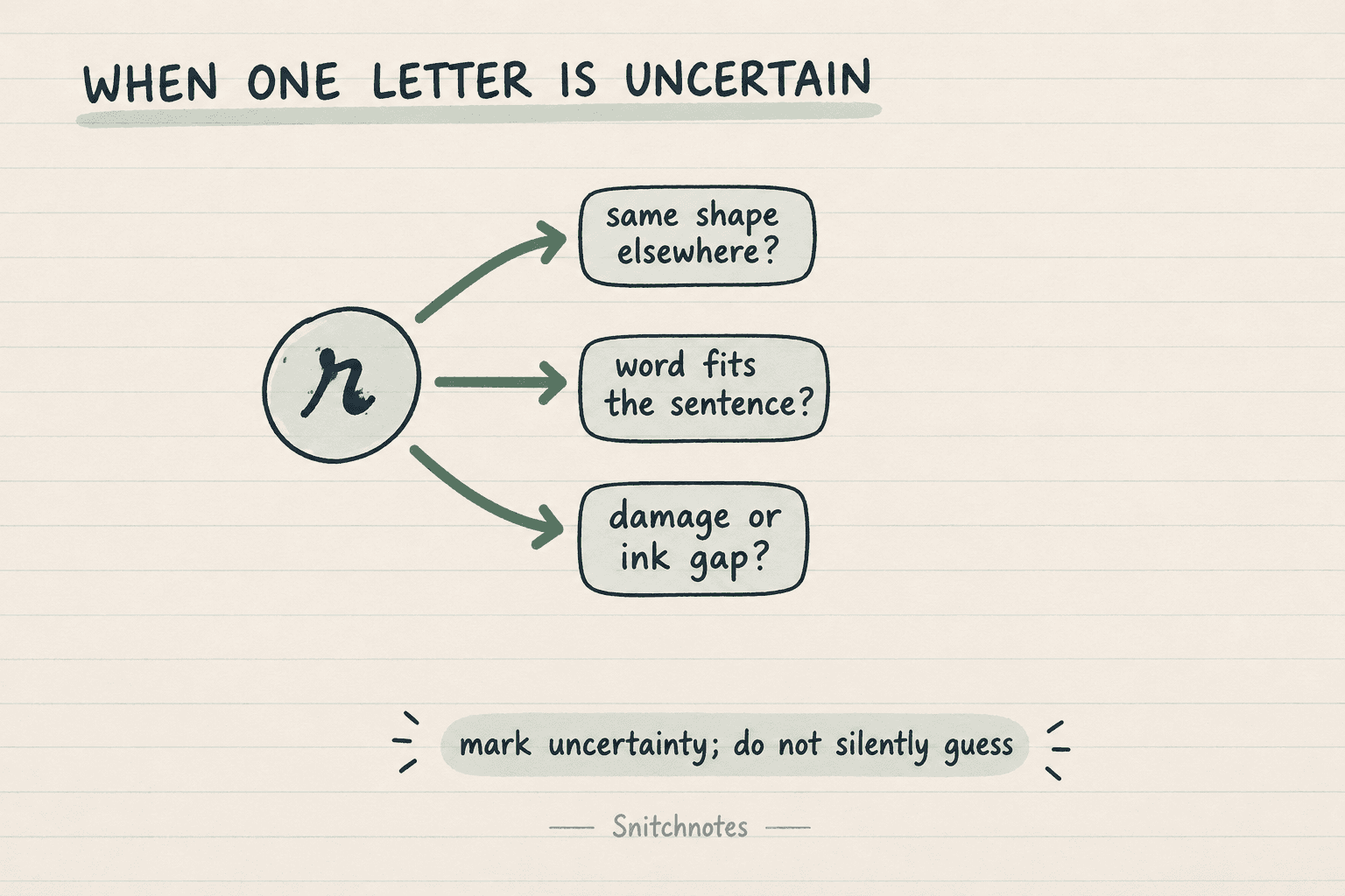 Compare letter shape, sentence meaning, and physical damage before recording uncertainty.