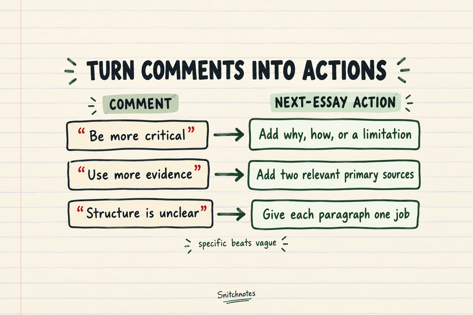 A useful next step is observable: you can point to the added evaluation, relevant source, or clearer paragraph job in the new essay.