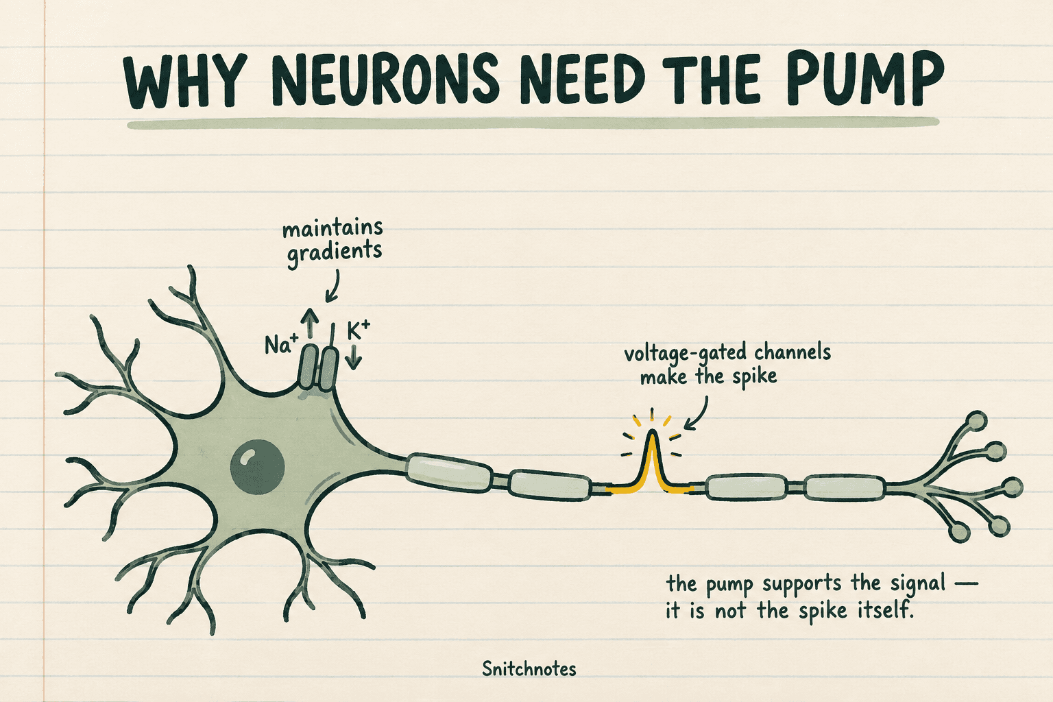 The pump maintains the ion gradients that support electrical signaling; voltage-gated channels, not the pump itself, create the rapid action-potential spike.