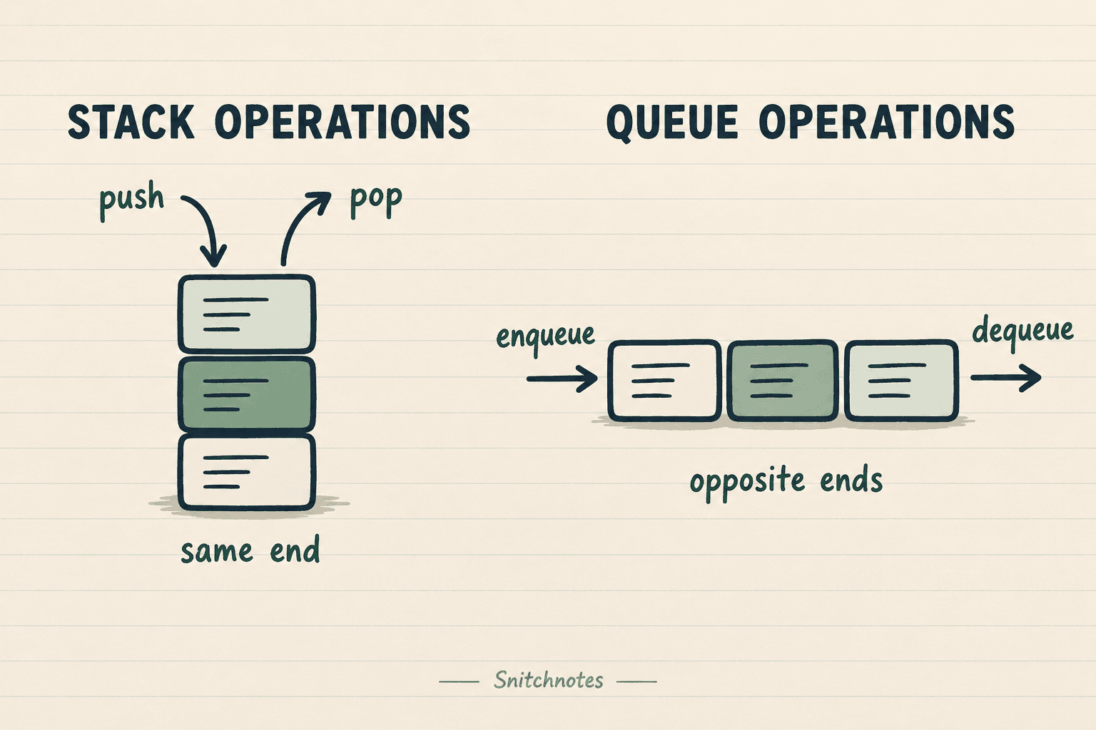 Stack push and pop operations use the same end, while a queue enqueues at the back and dequeues from the front.