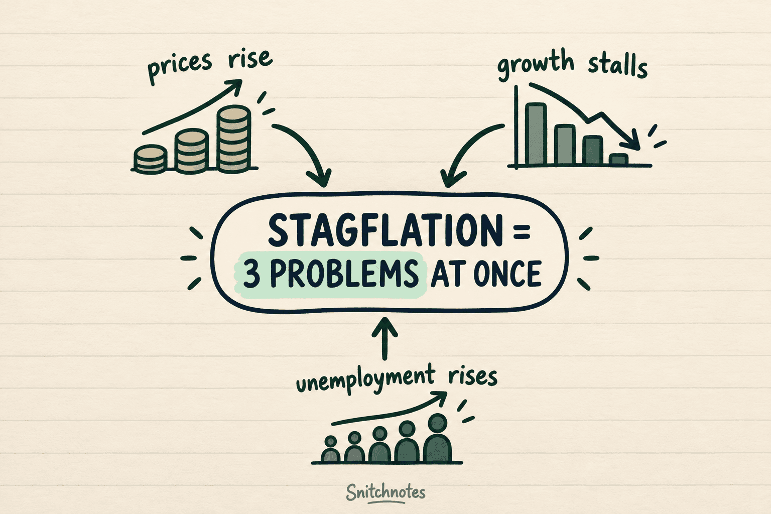 Stagflation is the unusual combination of rising prices, stalled or falling output, and high or rising unemployment.