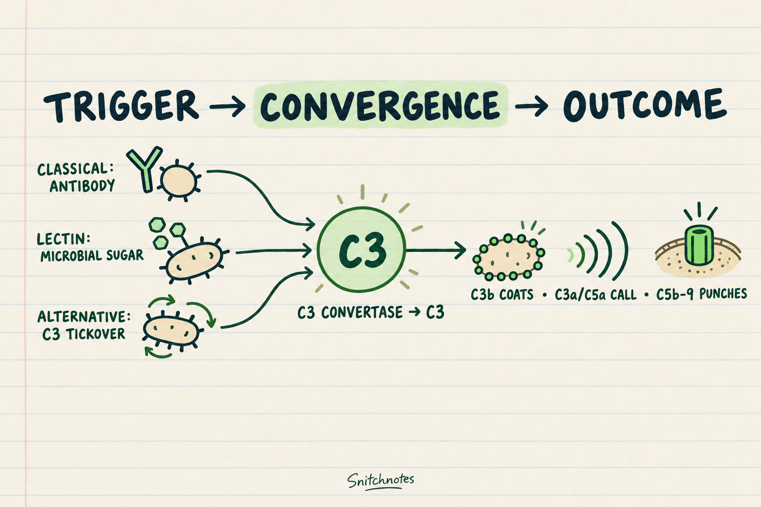Organize each pathway by its trigger, its C3 convertase, and the shared outcomes downstream of C3.