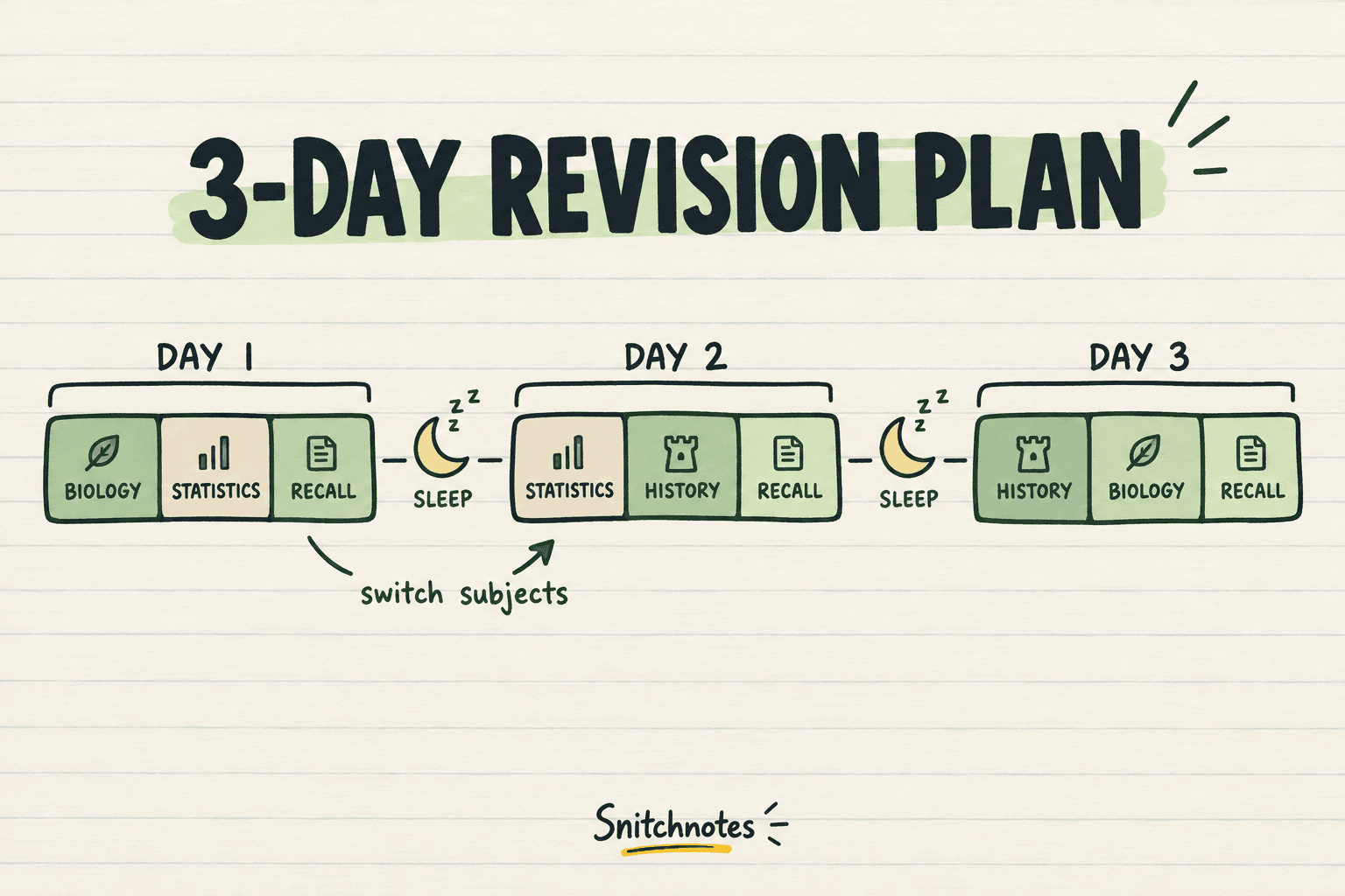 A three-day plan alternates subjects, ends each day with recall, and keeps sleep inside the schedule.