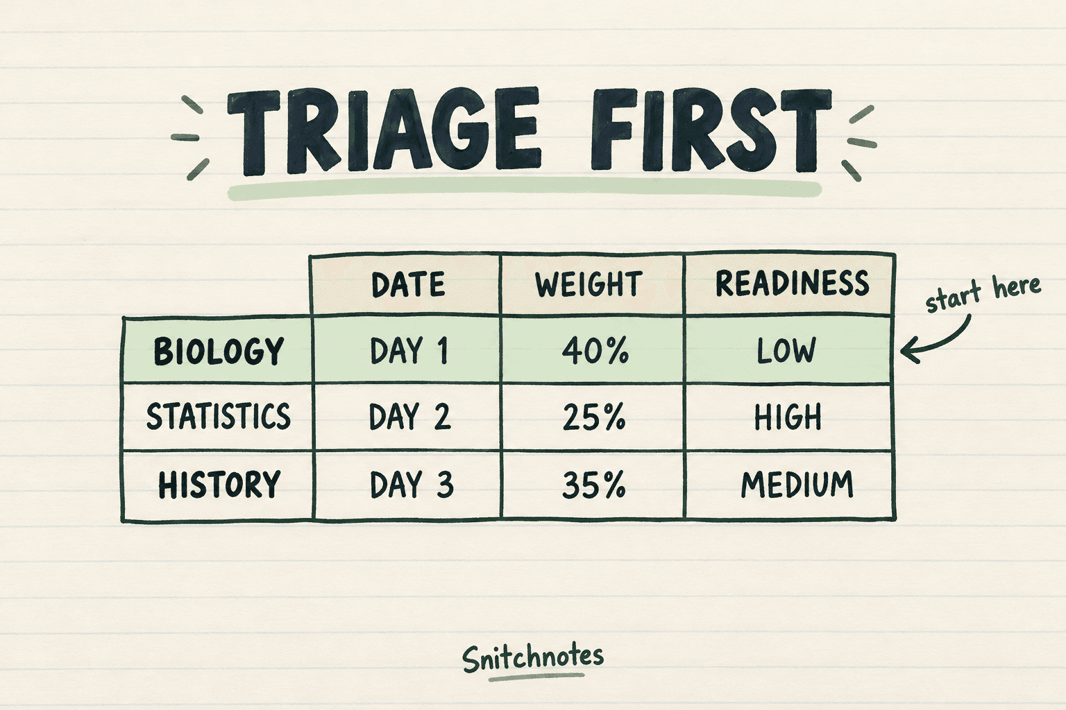 Rank each exam by date, grade weight, and readiness; start with the earliest high-weight exam for which you are least prepared.