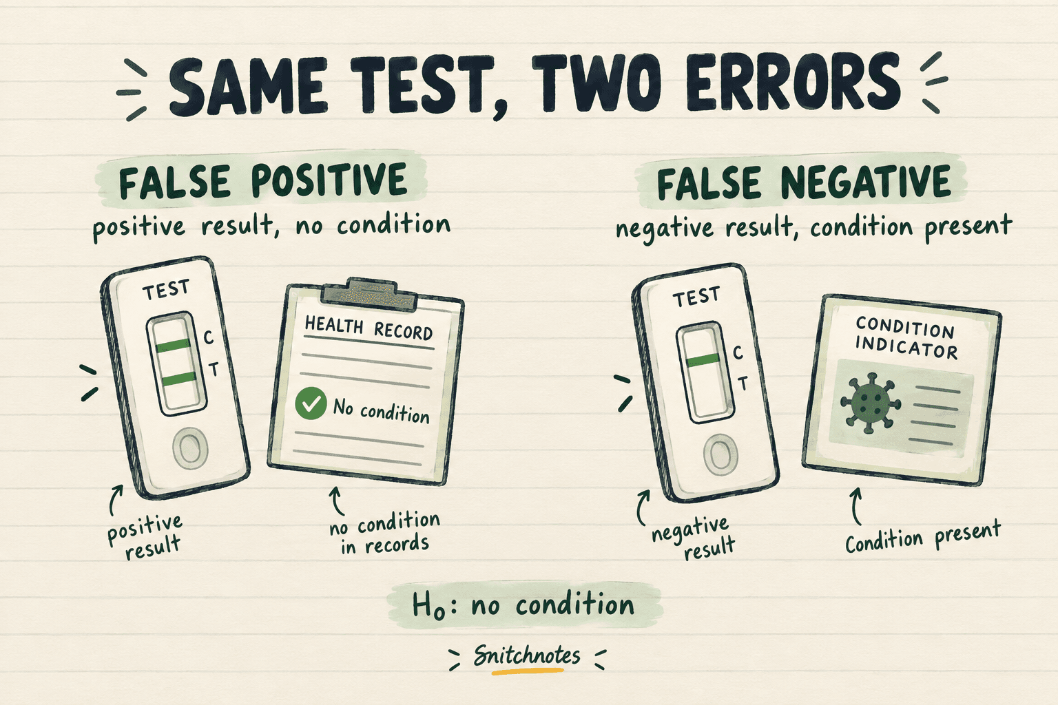 With no condition as the null hypothesis, a false positive resembles Type I error and a false negative resembles Type II error.