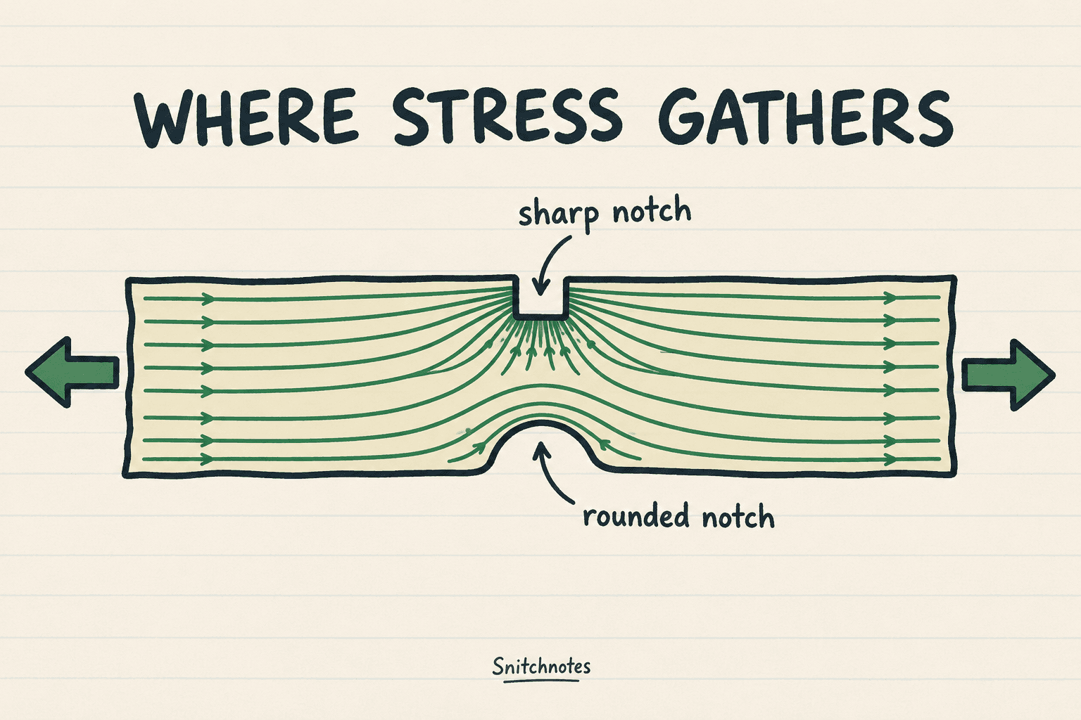 Under the same pull, force paths crowd more tightly around a sharp notch than around a broad rounded notch.
