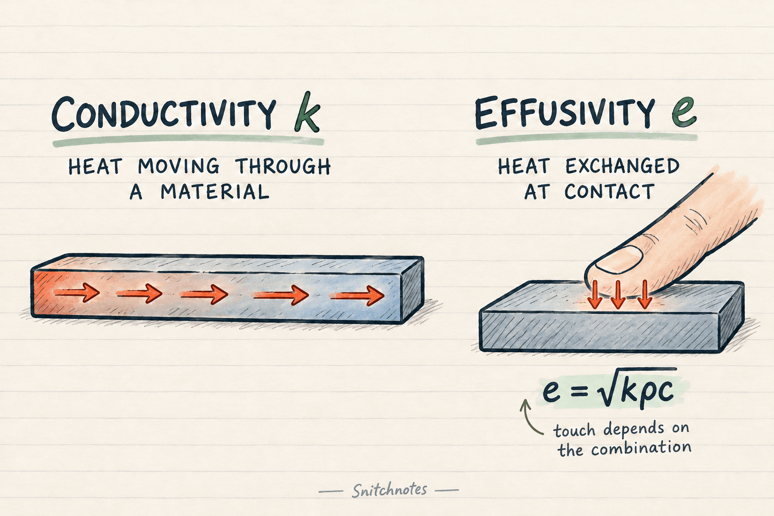 Conductivity describes heat moving through a material; effusivity combines conductivity, density, and heat capacity to describe heat exchange at contact.