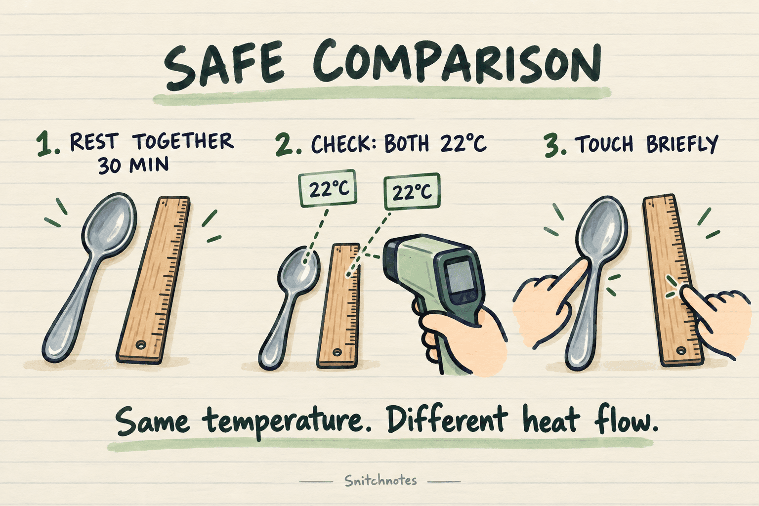 Let metal and wood rest together, confirm the same surface temperature, then compare the brief sensation of touching each one.