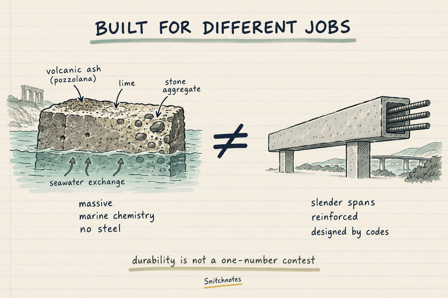 A massive unreinforced Roman harbor block and a slender steel-reinforced modern beam solve different engineering problems, so durability is not a one-number contest.